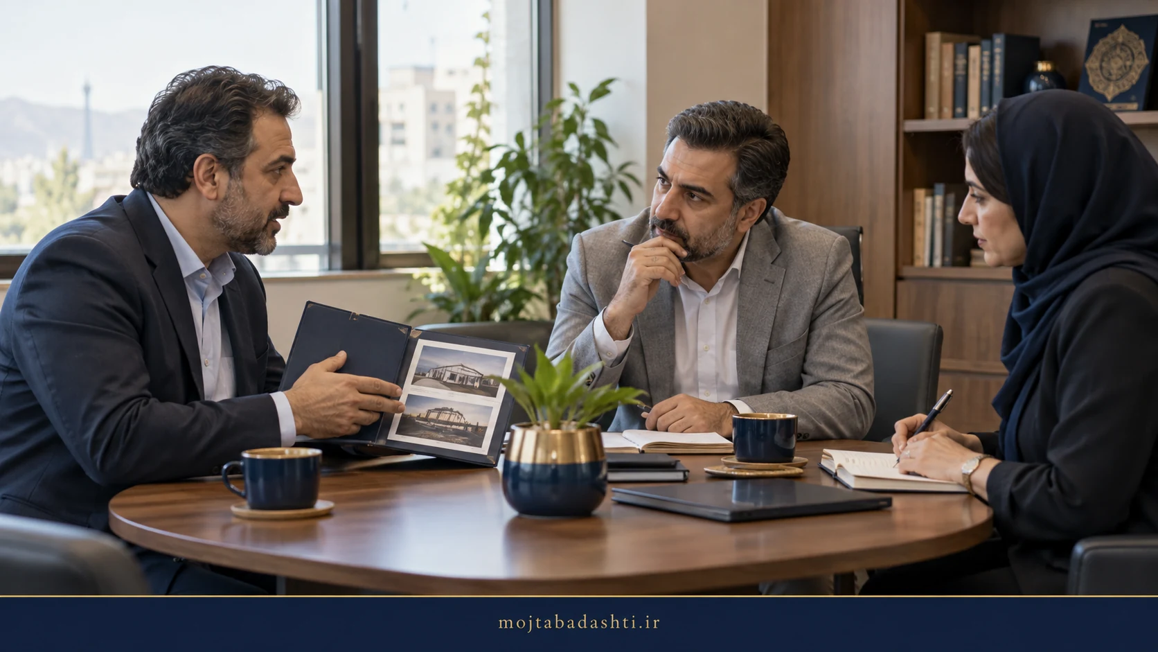 گفتوگوی سه نفر در یک جلسه کاری؛ نماینده شرکت مجموعه خود را معرفی میکند و طرف مقابل با دقت گوش میدهد.